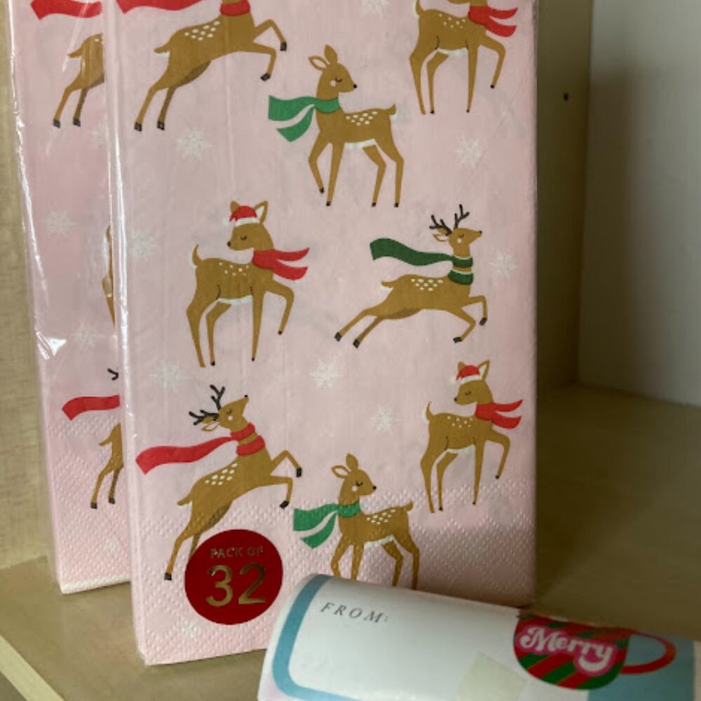 Pink North Pole Reindeer Print Napkins & Gift Stickers